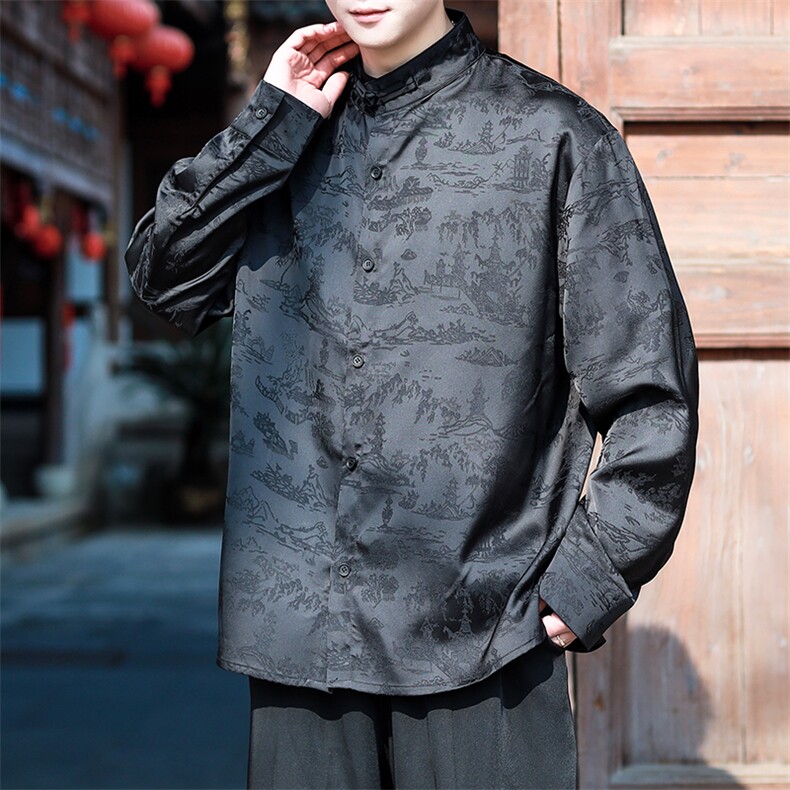 现货秋装长袖衬衫男士风立领盘扣开衫男CS01-P75控98,男装衬衫,电商A021