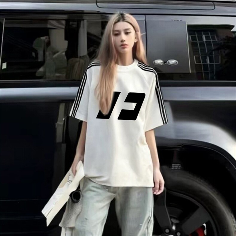 抖音得物品质二开240克宽松纯棉美式潮牌印花三条杠中性风短袖T恤,男装T恤,电商A486-1