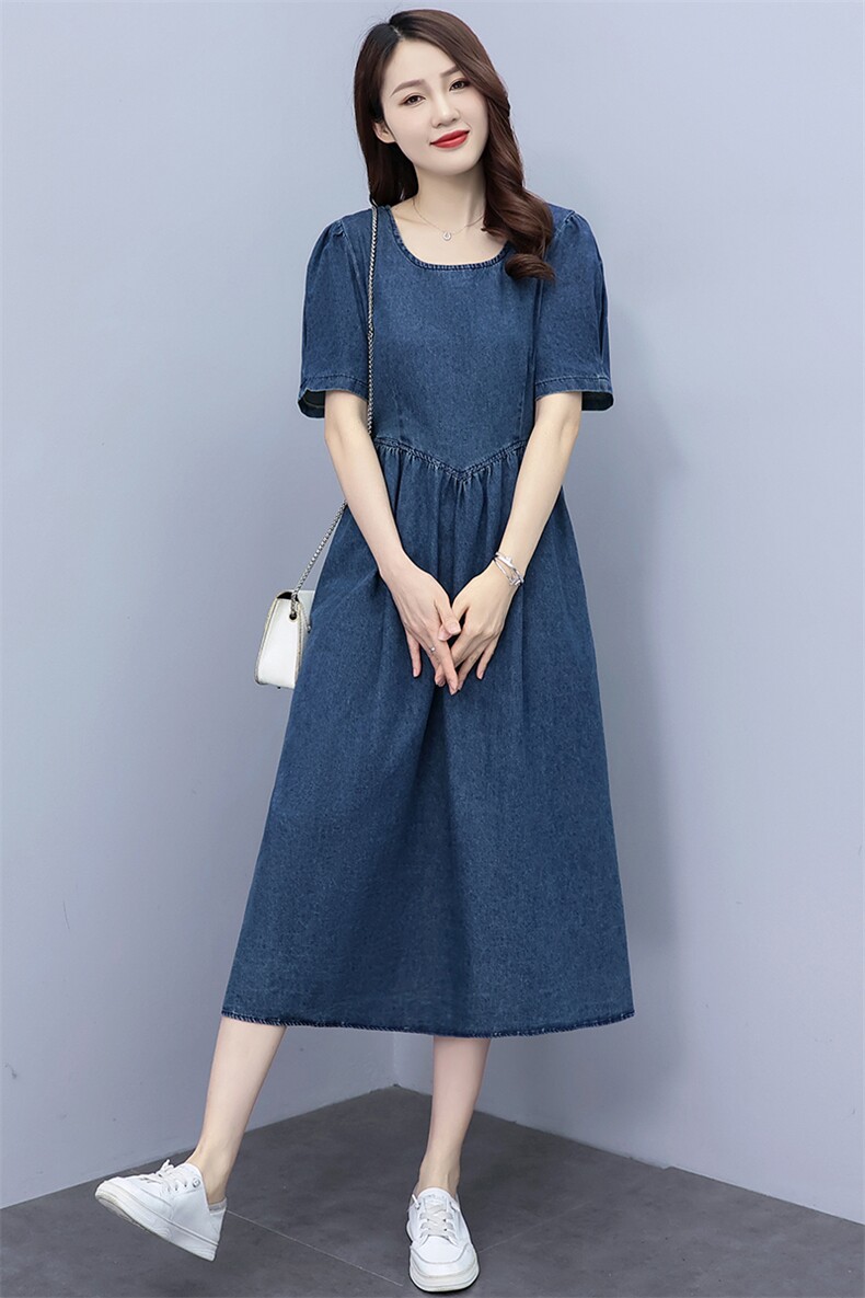 2023夏季休闲淑女显瘦百搭遮肉时尚气质通勤简约大方中长牛仔长裙,女装连衣裙,多彩