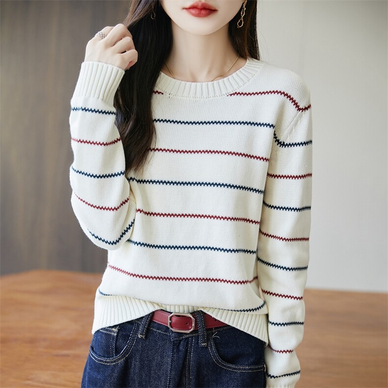 2025简约百搭针织细条纹套头衫，女装针织衫/毛衣，长今羊