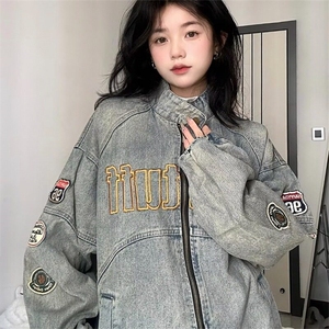 美式机车复古做旧牛仔外套男女秋款刺绣情侣夹克宽松潮牌图片