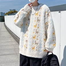 2023秋冬刺绣圆领毛衣男女复古宽松情侣百搭针织线衣，男装针织衫/毛衣，星座716-4