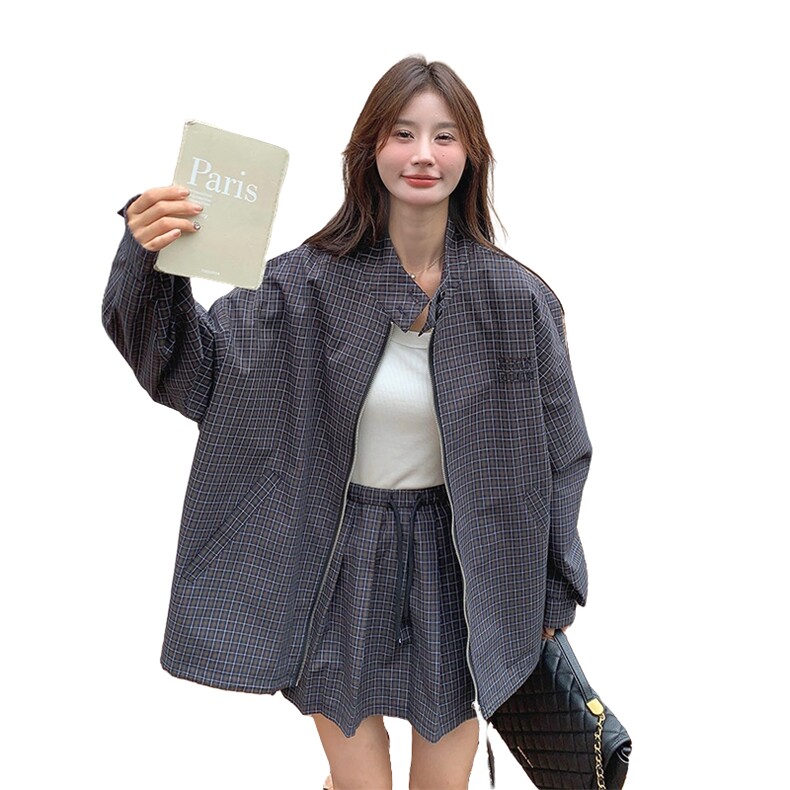 藏青色复古格纹套装裙女2025年春季新款韩版休闲夹克百褶裙两件套，女装套装/套裙，2C135