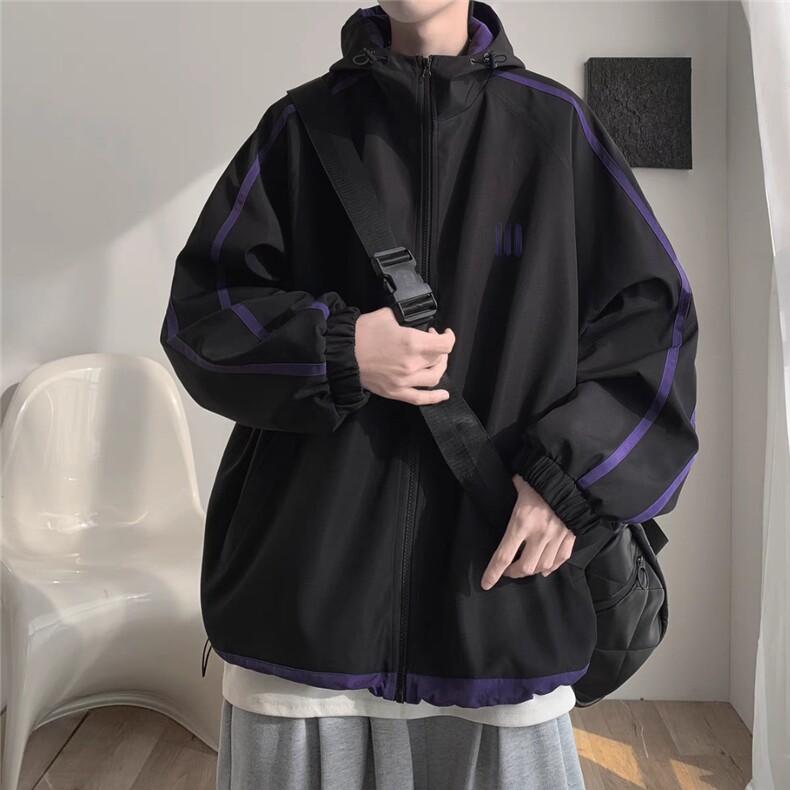 撞色条纹工装外套男春秋季潮流美式机能设计感户外徒步登山服夹克图片