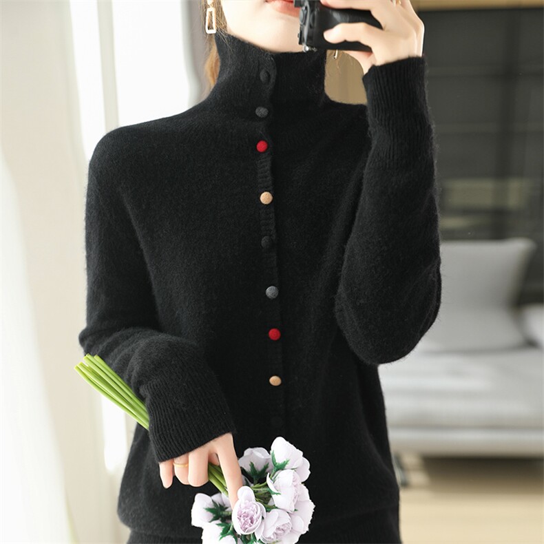 25秋冬100%纯羊毛开衫女高领彩纽扣拼色针织外套毛衣宽松羊毛上衣,女装羊毛衫,暮绒羊羊绒