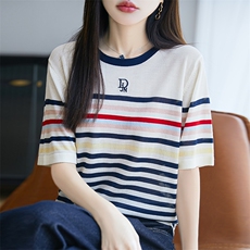 拼色圆领100%莱赛尔天丝针织短袖T恤女刺绣字母半袖宽松打底上衣，女装针织衫/毛衣，郡淞羊绒