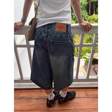 美式复古竹节纹阔腿牛仔短裤女夏季铆钉高街设计感宽松显瘦七分裤，男装牛仔裤，星座506A