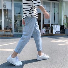 仔裤男士破洞夏季薄款韩版潮流潮牌九分宽松直筒长裤子7160，男装牛仔裤，电商A318