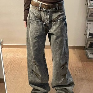 烟灰色高街美式复古水洗做旧牛仔裤男女宽松微喇垂感潮牌痞帅裤子图片