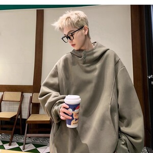 高领纽扣重磅卫衣男春秋款连帽外套2024新款青少年上衣 WY13图片