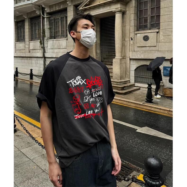 抖音得物高品质二开240克宽松纯棉美式潮牌插肩袖拼接短袖T恤,男装T恤,电商A486