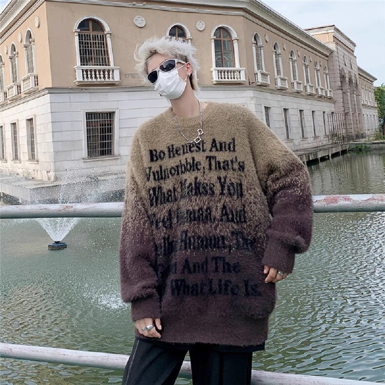 水貂毛设计感渐变字母针织衫男秋冬季慵懒风宽松软糯毛衣长袖上衣，男装针织衫/毛衣，星座506A