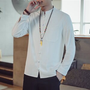 T83*2021春秋季男士长袖棉麻口袋修身休闲男麻料衬衫 麻本色 *P65图片