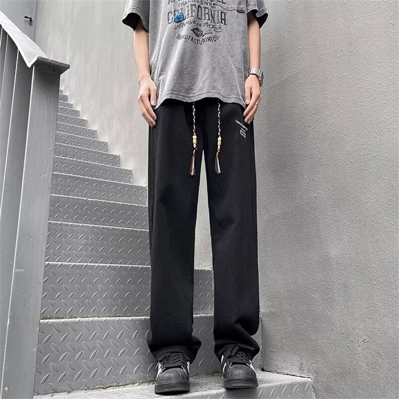 街头抽绳牛仔裤子男女2024新款直筒阔腿老爹裤高级垂感宽松2260,男装牛仔裤,星座506