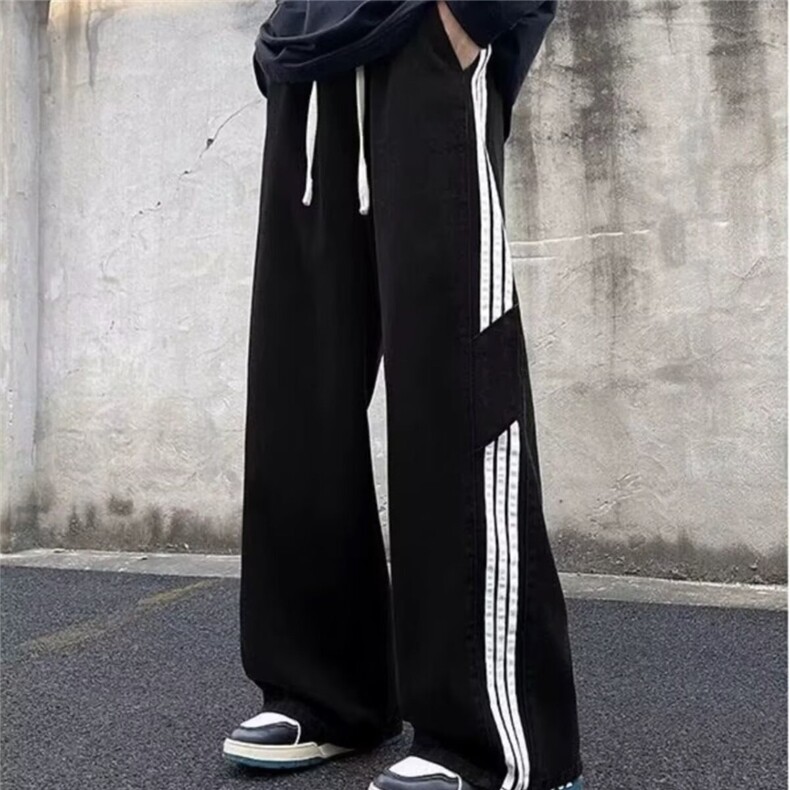 复古条纹水洗做旧牛仔裤男女百搭裤子美式高街阔腿裤A1180-P42,男装牛仔裤,星座208-5