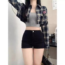 GeGeSleepy甜辣复古格子衬衫女刺绣字母藏蓝色早秋短款衬衣外套，男装衬衫，星座506A