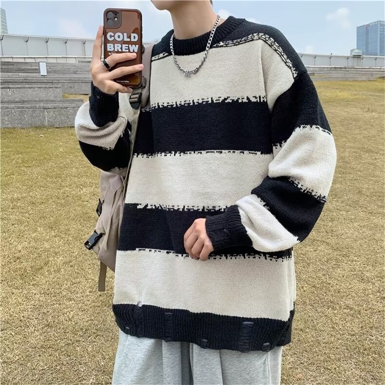 毛衣男美式复古潮宽松慵懒风条纹针织衫毛线衣春秋ins潮M9108-p43,男装针织衫/毛衣,星座1008-1