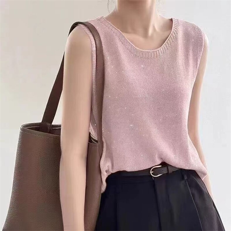 女士天丝亚麻吊带背心女夏外穿内搭2025新款宽松无袖针织打底上衣，女装背心吊带，悦玛羊绒