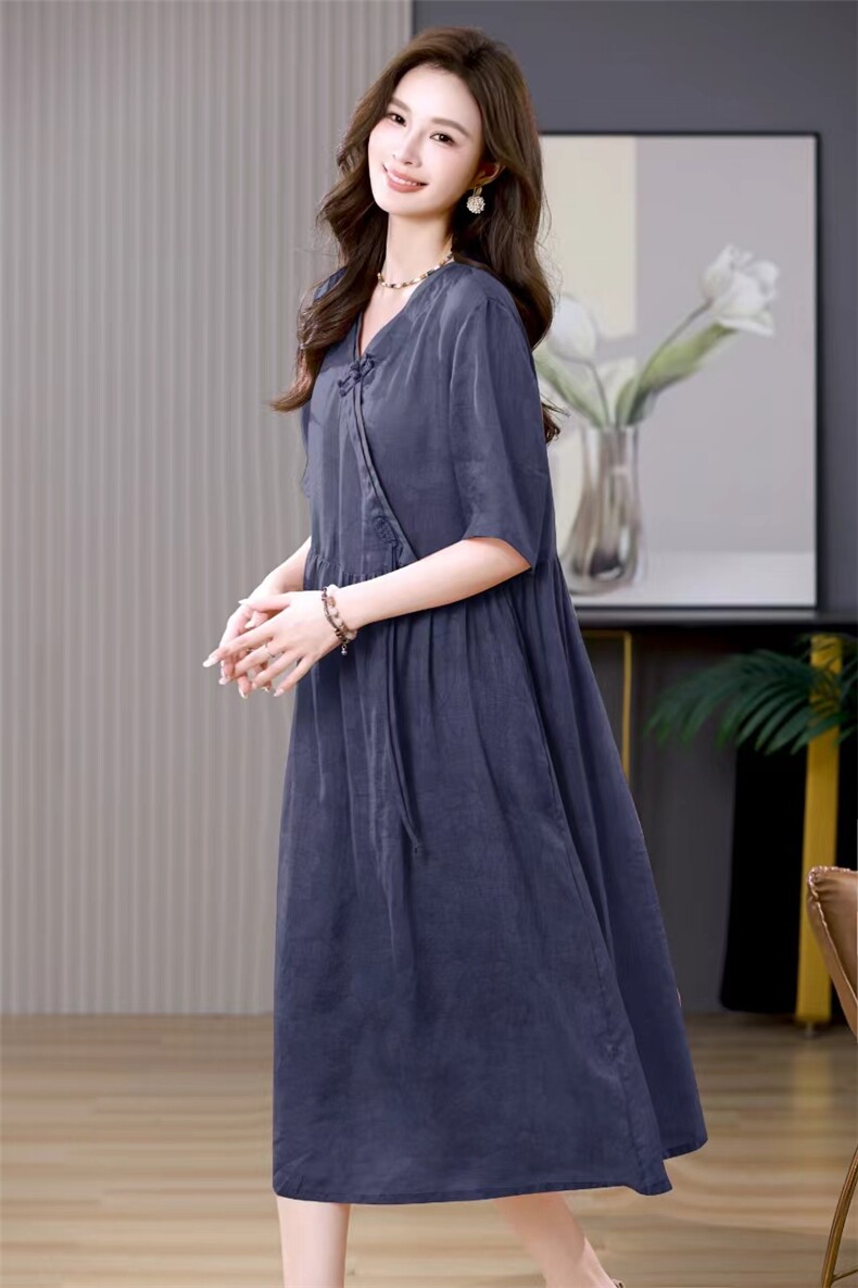 棉麻V领连衣裙女夏季长款2025新款盘扣国风休闲复古高端苎麻裙子,商品下架区,凝聚力