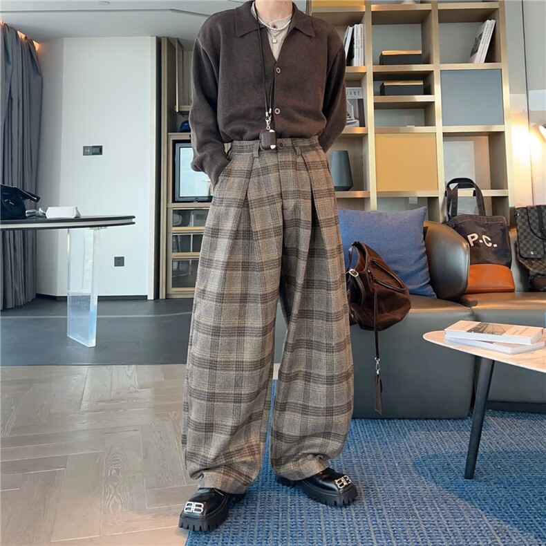 W10883-P75网图现货美式复古格子裤直筒宽松潮牌垂感阔腿休闲裤,男装休闲裤,星座1608