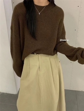 时尚宽松短款针织衫女秋冬加厚圆领小个子毛衣纯色打底衫，女装针织衫/毛衣，半城羊绒
