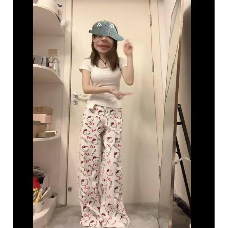 AK2343-P60美式复古kt猫满印休闲裤百搭宽松阔腿长裤潮,女装休闲裤,星座617A-2