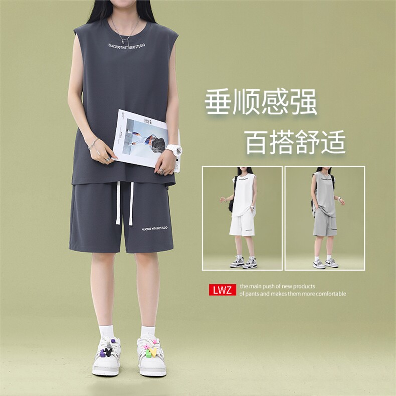 垂顺百搭套装无袖运动上衣清爽亲肤短裤美式标志设计 TZ89-特批68图片