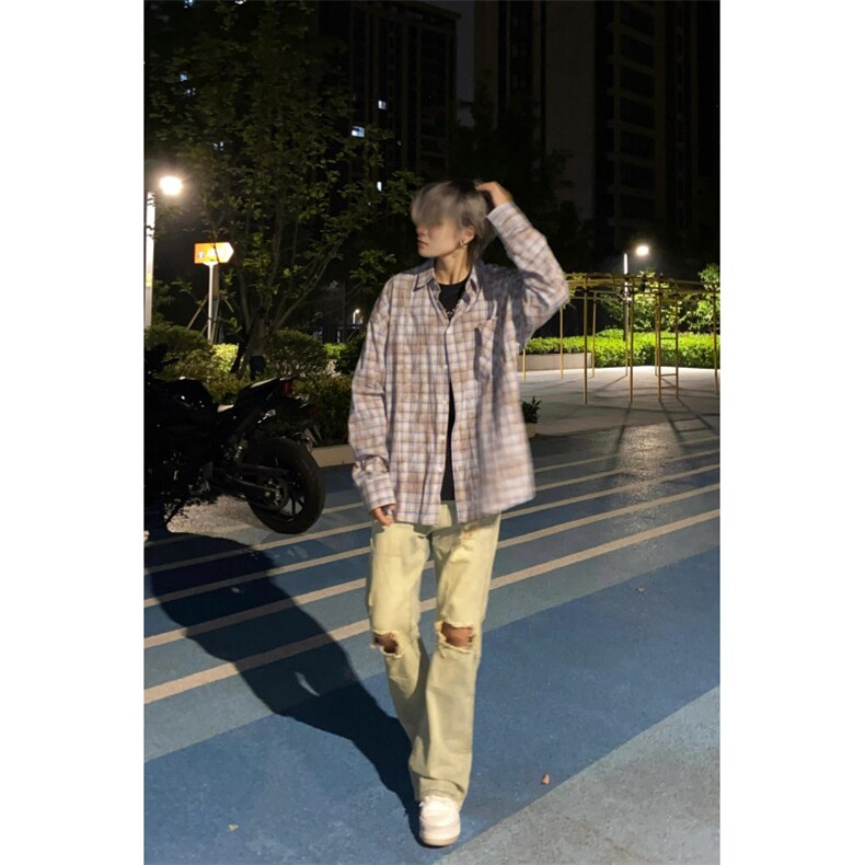 【网图有货】美式复古炒色格子长袖衬衫男款防晒外套C68CC-特P45,男装防晒衣,星座1007（原301D）
