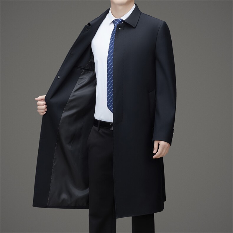 MJ8709春秋新款男士过膝加长风衣大翻领商务领导服男装纯色外套,男装风衣,电商B360A（原721A）
