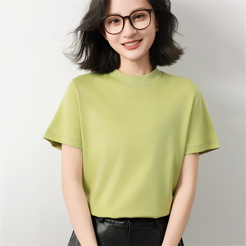 简约风液氨纯棉短袖T恤女2025新款宽松显瘦正肩t恤立领半袖打底衫,女装T恤,元素羊绒