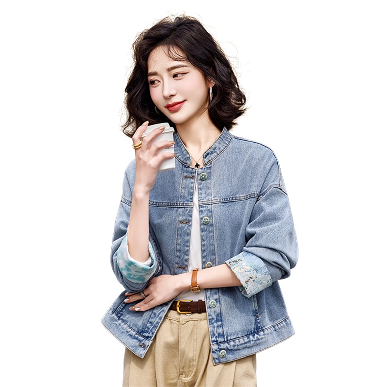 蓝色韩系休闲气质蕾丝拼接牛仔外套女2025早春新款小个子百搭夹克,女装短外套,靓衣阁