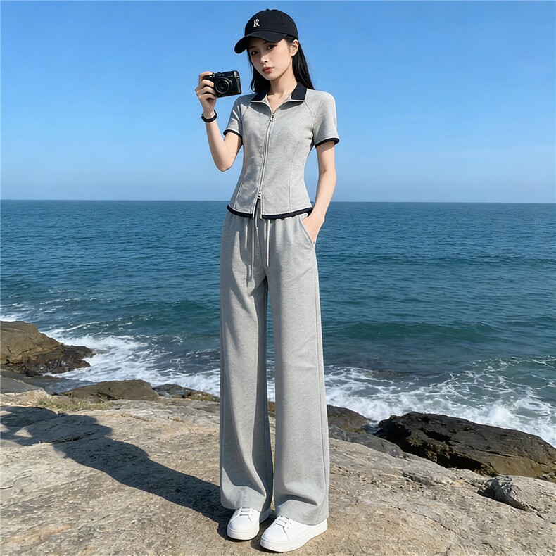 欧货时尚休闲运动套装女夏新款简约立领拼短袖上衣直筒长裤两件套，女装套装/套裙，江南