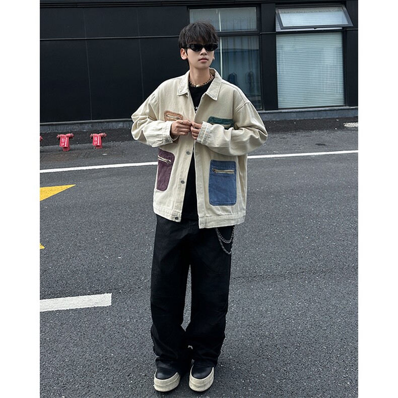 美式复古撞色多口袋牛仔外套潮牌宽松拼色夹克上衣,男装夹克,星座410-7