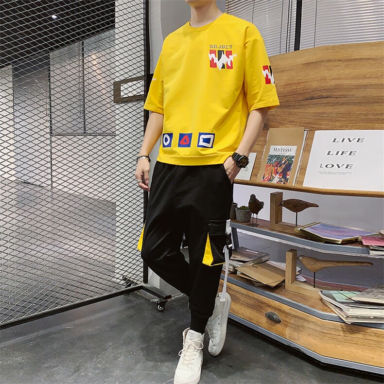 2021夏季T恤青少年帅气流行宽松短袖T恤休闲套装男F164P75,男装休闲套装,电商A086