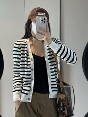 慵懒风2025新款简约时尚条纹毛衣针织开衫，女装针织衫/毛衣，沐策羊绒