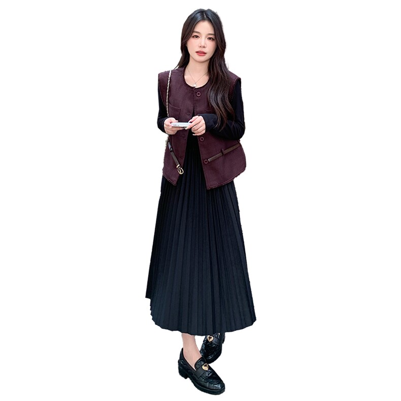 法式复古气质百褶连衣裙套装女2025春秋季新款显瘦洋气马甲两件套,女装套装/套裙,韩蜜菓