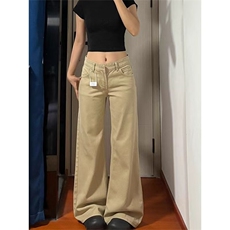加绒加厚美式复古卡其色牛仔裤女秋季宽松拖地不贴腿微喇裤子，男装牛仔裤，星座506A