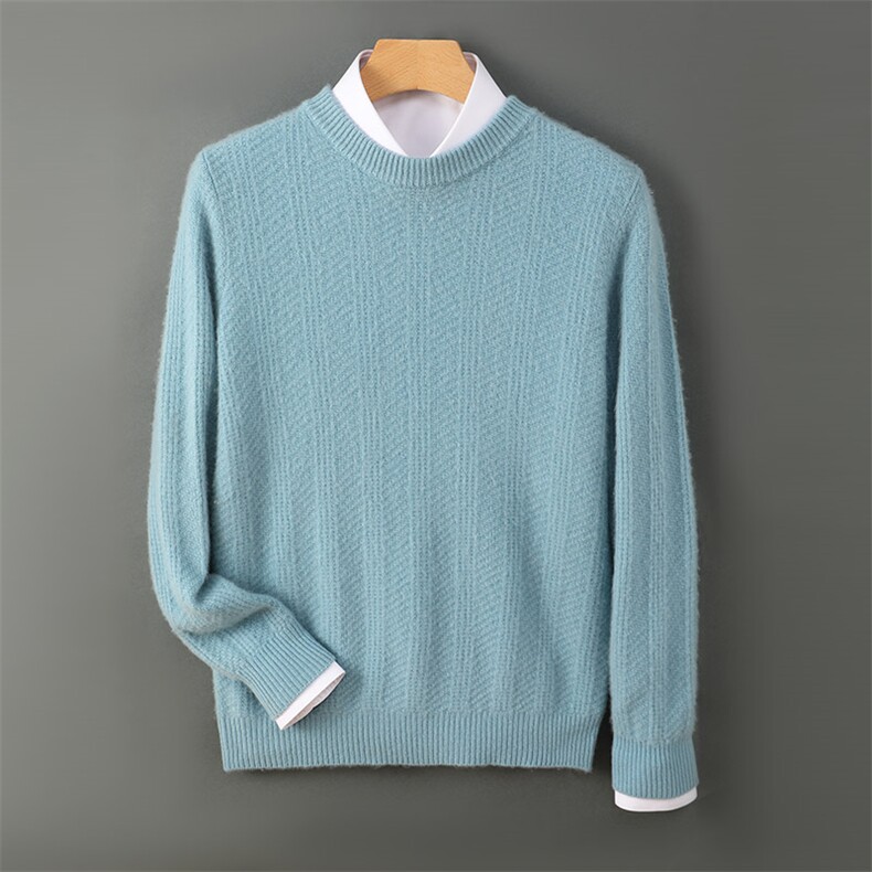 高品质男士秋冬羊毛竖条纹圆领毛衣保暖舒适经典百搭男装，男装羊毛衫，德晨羊绒