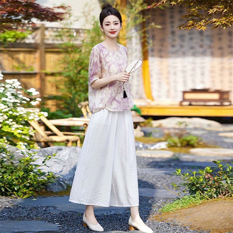 亚麻休闲裤套装女复古两件套高端苎麻印花上衣新款夏装棉麻短袖,女装套装/套裙,衣之秀
