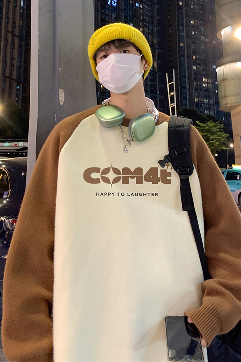 港风夜景个性字母印花拼接插肩袖圆领毛衣M81005特批55控88,男装针织衫/毛衣,电商A247