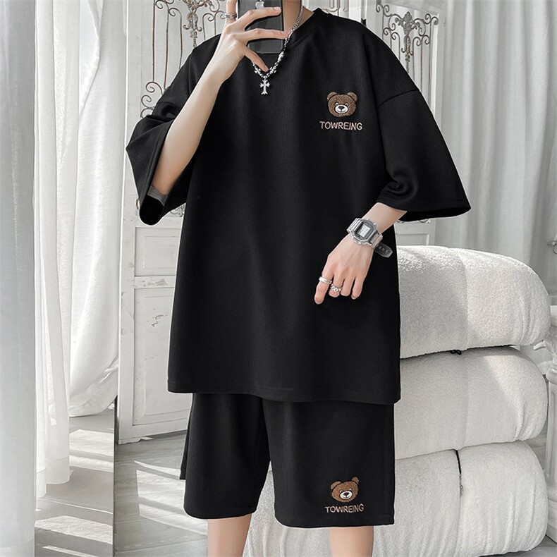 2023华夫格短袖短裤套装男oversize时尚休闲运动两件套TZ021-P70,男装休闲套装,电商A001