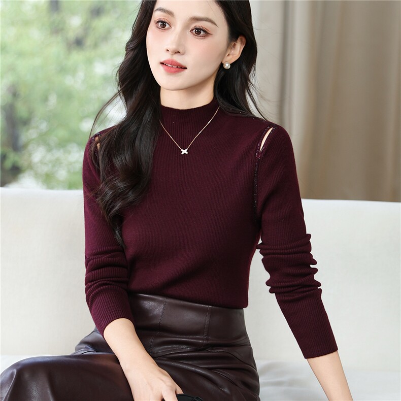 情花子半高领露肩烫钻针织衫女秋冬修身显瘦气质打底毛衣上衣,针织衫/毛衣,2C091