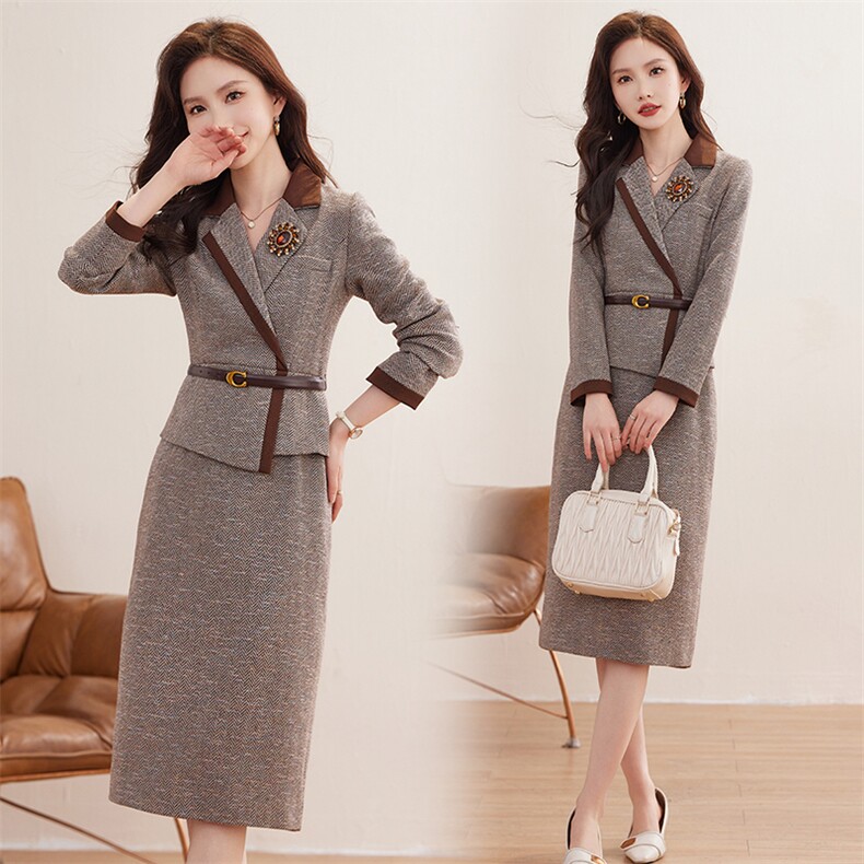 毛呢加厚假两件连衣裙2024春装新款时尚潮流简约气质优雅连衣裙，女装连衣裙，米雪儿