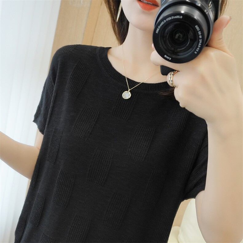 2025春季新款圆领纯棉针织短袖女士宽松显瘦百搭镂空半袖背心T恤，女装T恤，斯尔特羊绒