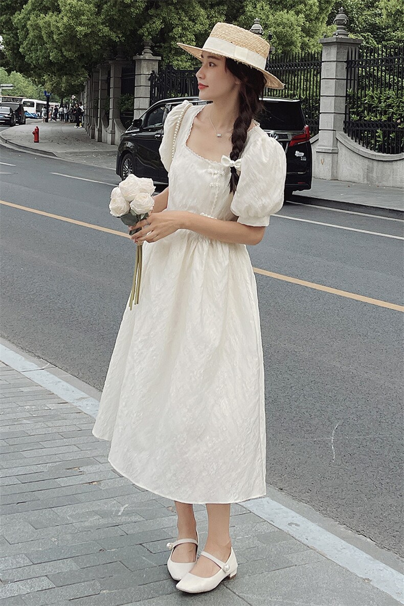 泡泡袖方领气质连衣裙女2025年夏季新款高腰减龄短袖长裙,女装连衣裙,韩蜜菓