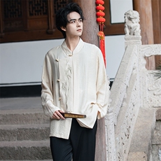 新中式（折枝金竹）棉麻混纺绣花木头扣大码宽松长袖衬衫男女款，男装衬衫，星座305A（原312A-1）