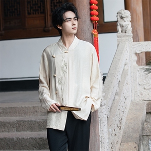 新中式（折枝金竹）棉麻混纺绣花木头扣大码宽松长袖衬衫男女款图片