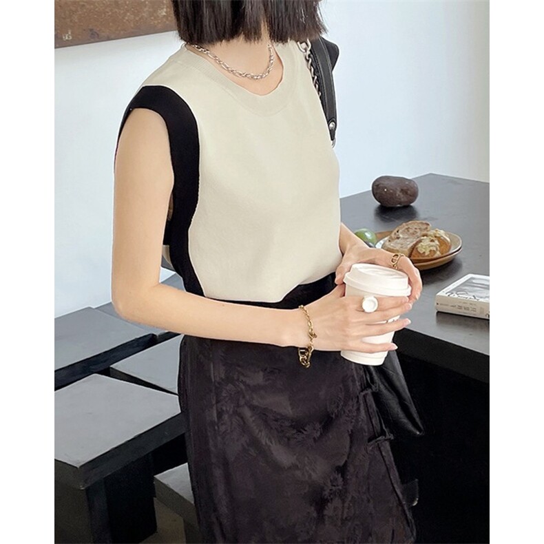 法式气质撞色拼接无袖上衣女夏季设计感小众，女装背心吊带，圣旺供货