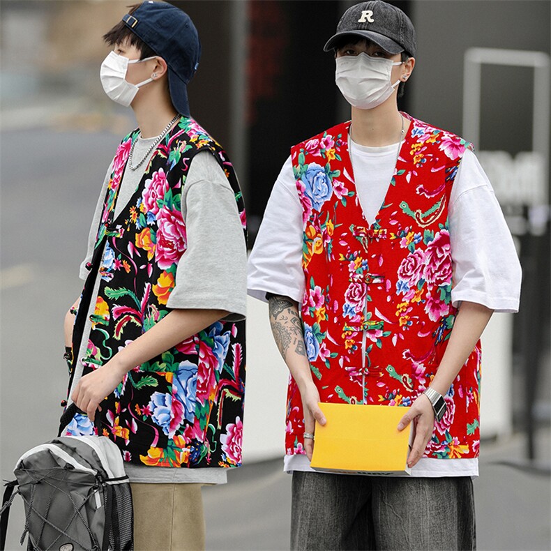 MJ03大花休闲口袋风盘扣马甲大码花坎肩团队服喜庆婚礼服潮男图片
