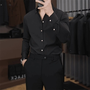 法式V领白色衬衫男长袖春秋季成熟稳重男装商务正装休闲修身衬衣图片